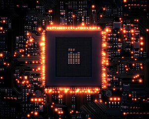 Leinwandbilder - Integrated circuit microchip closeup on motherboard, silicon wafer electronic component, digital tech CPU, computer device, future engineering design