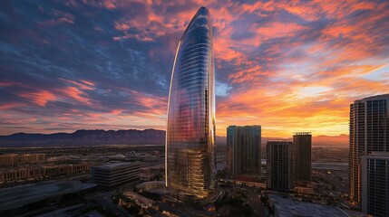Fototapete - A futuristic glass skyscraper reflecting the vibrant hues of a sunset