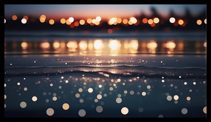 Leinwandbilder - Soft bokeh lights reflect on a dark wet surface, creating a dreamy, tranquil ambiance. The blurry scene evokes a serene evening atmosphere.