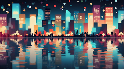 Poster - Vibrant city skyline at night is reflected in calm water. Buildings glow with colorful lights, creating a dazzling and picturesque urban scene under a dark sky.