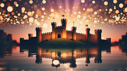 Poster - A silhouette of a majestic castle stands on an island, reflecting in the water under a dreamy sunset sky filled with bokeh lights, creating a magical and enchanting scene.