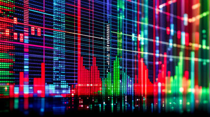 Poster - Bright screen displays vibrant digital data as colorful vertical lines and bar graphs. Dynamic visual representation of information and technology with a futuristic aesthetic.