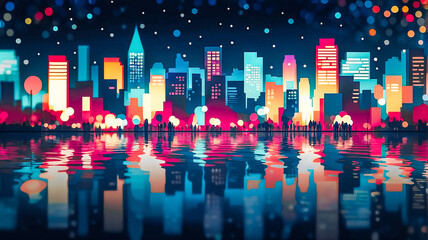 Aufkleber - A vibrant cityscape at night showcases colorful buildings mirrored in water under a sparkling, dark sky. City lights illuminate the scene, creating a festive atmosphere.