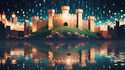 Poster - Illuminated castle on a hill at night with cityscape backdrop, reflected in water under a sparkling dark sky, creating a magical and serene scene.