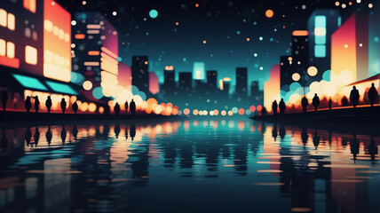 Poster - Night cityscape reflected in water. Silhouettes of people walk waterfront with colorful buildings and city lights.
