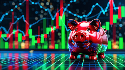 Fototapete - Shiny red piggy bank stands out against a vibrant backdrop of financial stock market charts and graphs, symbolizing savings and investment in a dynamic economy.
