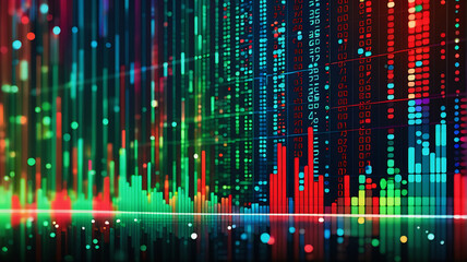 Aufkleber - Abstract digital data visualization with vibrant vertical lines and blocks on a dark background. A futuristic and technological scene is depicted with bright colors.