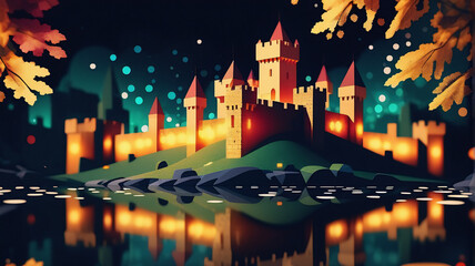 Poster - A whimsical nighttime scene of a brightly lit castle perched atop a hill.  The castle is reflected in the water below, framed by autumn trees and scattered glowing lights.