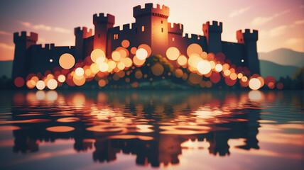 Poster - Majestic castle silhouetted at twilight, glows with warm lights. Still water reflects the scene, creating a dreamy, tranquil, and picturesque vista.