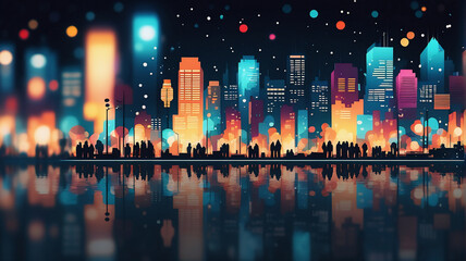 Poster - Colorful city skyline at night reflected in water, featuring blurred lights and silhouettes of people in foreground. Vibrant and urban scene.