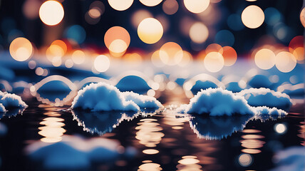 Poster - Blurred lights create bokeh effects above reflective water and snow-covered shapes. The background is softly out of focus, emphasizing the foreground elements and creating a dreamy, abstract scene.