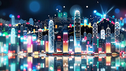 Aufkleber - Vibrant cityscape at night featuring towering skyscrapers brightly illuminated with colorful lights. The city lights create a beautiful reflection on the water below.