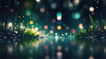 Poster - Night scene with blurred, colorful bokeh lights reflecting on water. Plants and stones surround the serene, abstract, and dreamy environment.