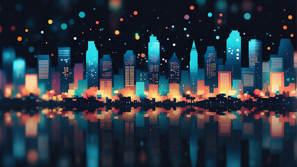 Aufkleber - Night cityscape with bokeh lights reflecting on water. Colorful buildings illuminate the dark sky in a vibrant urban scene.