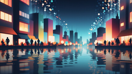 Aufkleber - Night cityscape with colorful lights reflecting on water. Silhouettes of people walk along the waterfront. Bokeh lights in the sky create a vibrant scene.