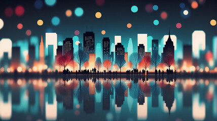 Poster - Night cityscape with bokeh lights reflected on water. Silhouetted buildings and trees create a vibrant, blurred urban scene at night.