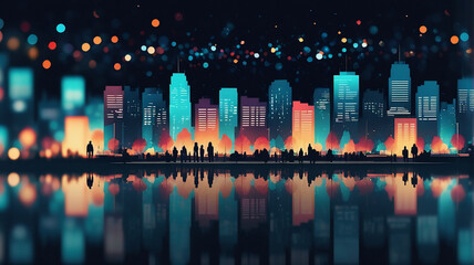Poster - Vibrant city skyline illuminates the night with colorful lights reflecting on calm water. Bokeh lights add a magical touch to the urban scene.