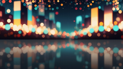 Aufkleber - Night cityscape with blurred buildings and bokeh lights. City lights reflect on water, creating a dreamy abstract urban scene.