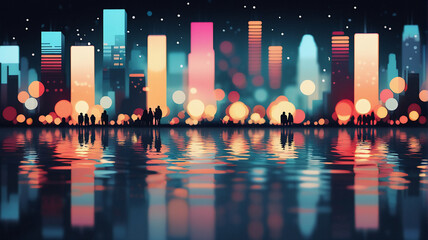 Poster - Vibrant city skyline at night with silhouetted people enjoying the view. Bokeh lights illuminate the cityscape reflecting in the water below.  A peaceful urban scene.