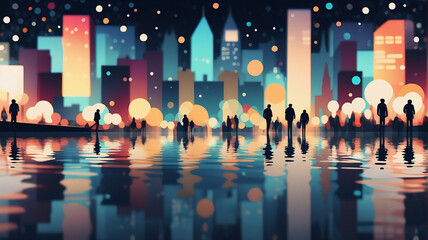 Aufkleber - City skyline at night with silhouettes of people walking by the water. Bright city lights create a bokeh effect and reflect on the water surface in a stylized digital art style.