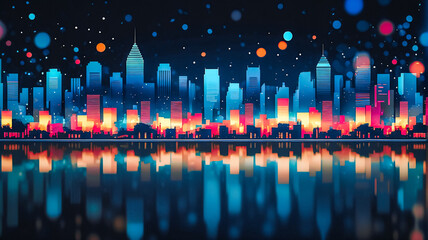 Aufkleber - Vibrant city skyline at night, bright bokeh lights illuminate buildings with colorful glow reflected in water. Dynamic and modern cityscape view.