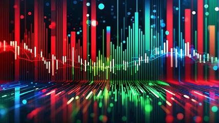 Poster - Vivid abstract graph with red, green, blue lines and bars against a dark backdrop.  Dynamic visual representation of data or information.
