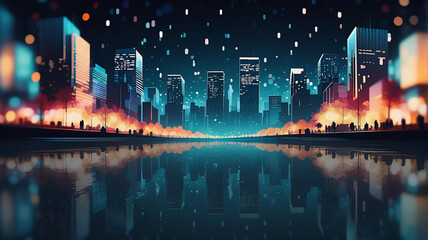 Aufkleber - City skyline at night reflected in water. Buildings glow with bright lights, creating a vibrant and colorful urban scene. Trees line the waterfront under a dark sky.