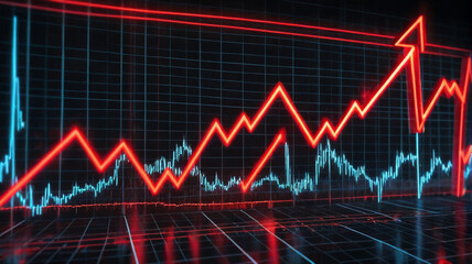Fototapete - Digital graph displaying upward trends with red and blue lines against a dark grid background.  Represents growth and positive data visualization.