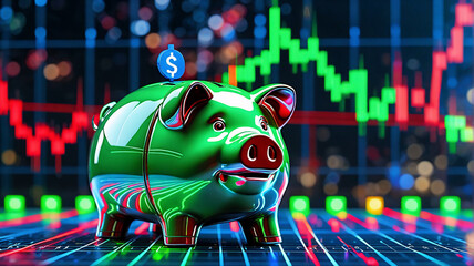 Poster - A green piggy bank with a dollar coin on its back stands against a backdrop of vibrant stock market graphs, symbolizing financial savings and investment.