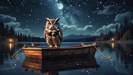 Poster - A wise owl peacefully sits in a wooden boat floating on a serene lake under the shimmering moonlight and starry night sky, with a dark forest in the distance.