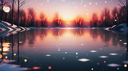 Aufkleber - Winter sunset reflects on a frozen lake. Bare trees line snowy banks under colorful sky with bokeh lights. Peaceful, scenic landscape.