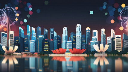 Poster - Night cityscape with fireworks over illuminated buildings and water reflecting floral structures.