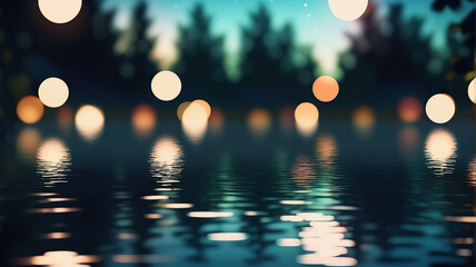 Leinwandbilder - Night scene of blurry bokeh lights reflecting on water. Silhouetted trees in the dark background create a calm and peaceful atmosphere.