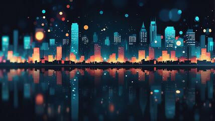 Poster - Vibrant night cityscape with glowing buildings reflecting in dark water. Abstract lights illuminate the skyline creating a dreamy and modern urban scene.