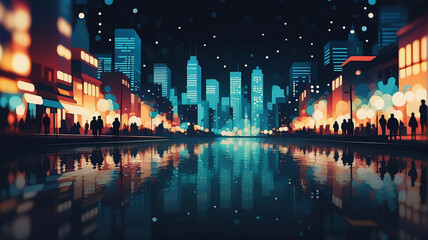 Aufkleber - Vibrant city night scene reflecting in water. Buildings glow with blue and orange lights beneath a star-speckled dark sky. Silhouettes of people stroll along bright streets.