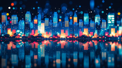 Aufkleber - Vibrant cityscape at night with colorful lights reflecting in water. The city skyline is illuminated with bright hues, creating a dynamic and beautiful scene.