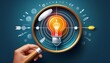 © Taylor - magnifying glass focusing on a target and creativity a creative light bulb objective generation of ideas and innovative solutions to achieve strategic goals