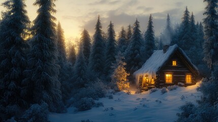 Wall Mural - cozy winter cabin scene in snowy forest landscape at sunset christmas theme