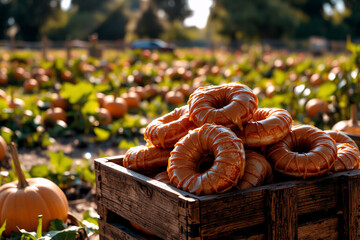 delicious donuts are piled high in a rustic wooden crate, set against a backdrop of a sunny pumpkin 