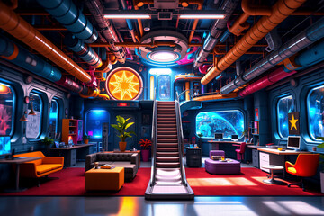 Poster - A vibrant, futuristic interior showcases a multi-level space with exposed pipes, stairs, and windows overlooking a cosmic scene.  Lounge and work areas blend in this dynamic, sci-fi setting.