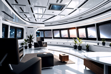 Poster - Futuristic room with large windows showing planet in space. Modern, bright white interior with plants. Sleek design.