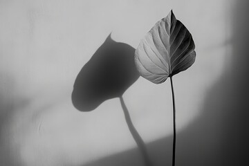 Wall Mural - a solitary leaf casting a dramatic shadow on a white surface