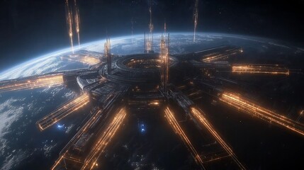 Poster - A massive space station orbiting Earth with glowing energy lines.