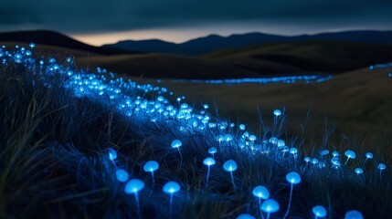 Poster - A meadow of bioluminescent mushrooms glowing in the night