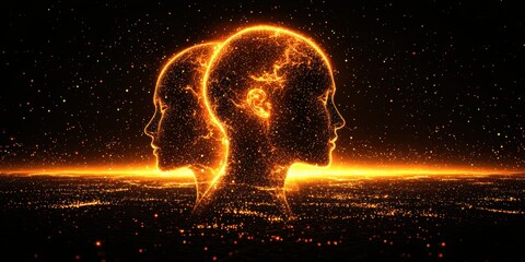 Wall Mural - Two glowing heads in a dark background with a lot of sparkles