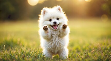  Adorable white Pomeranian puppy, standing upright, mouth open, soft fur, expressive eyes, outdoor setting, warm sunlight, natural blurred backdrop, energetic and playful pet portrait.