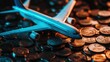 © Viktoriia - Model airplane placed among shiny coins symbolizes travel expenses and financial planning