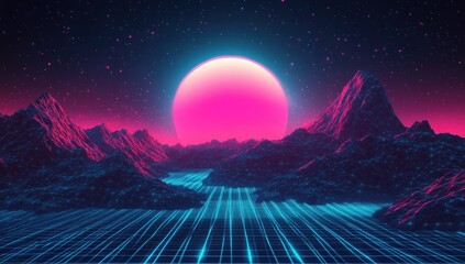 Wall Mural - Retro futuristic landscape with pink sun, neon grid, and mountains under starry night sky.