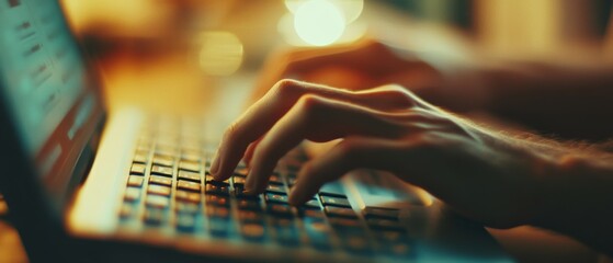 Wall Mural - hands poised over a laptop keyboard in warm, soft lighting, signify digital connectivity, creativity