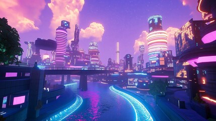 Poster - A sci-fi utopian city with gravity-defying buildings and glowing rivers